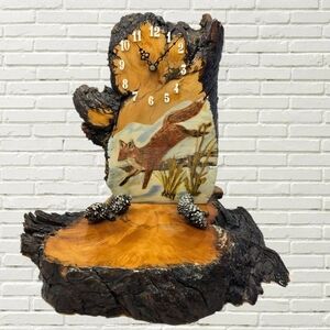 Vtg Wood Clock With Artwork Of Fox Running Pine Cones Rustic Cabin Western Works